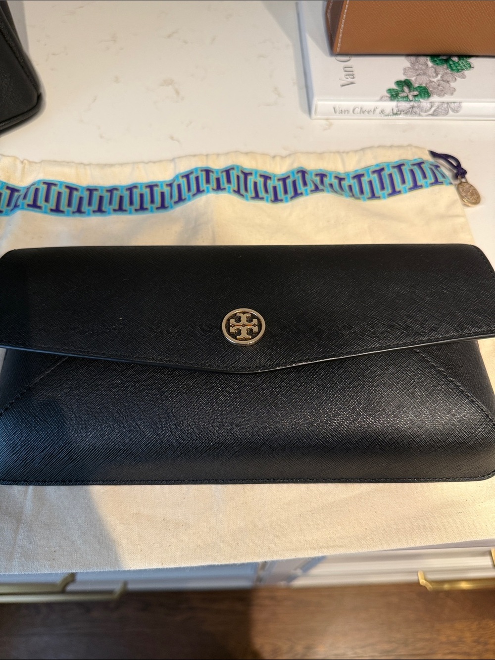 Tory Burch Black Saffiano Leather Envelope Clutch with Gold Logo